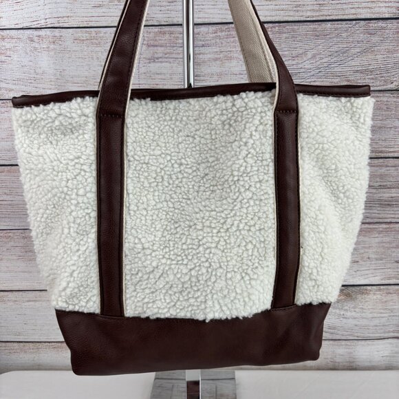 Lands End Sherpa Tote Bag Faux Leather Accents Cream Brown - Picture 3 of 15